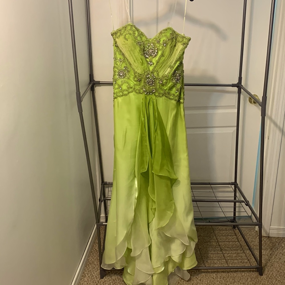 Lime Green Gem Embellished High Low Ombre Dress with slight train